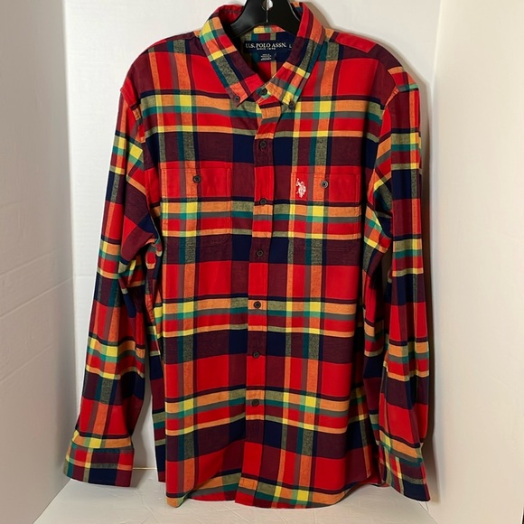 US Polo  Assn plaid button down shirt with stretch Men’s size Large - Picture 1 of 16